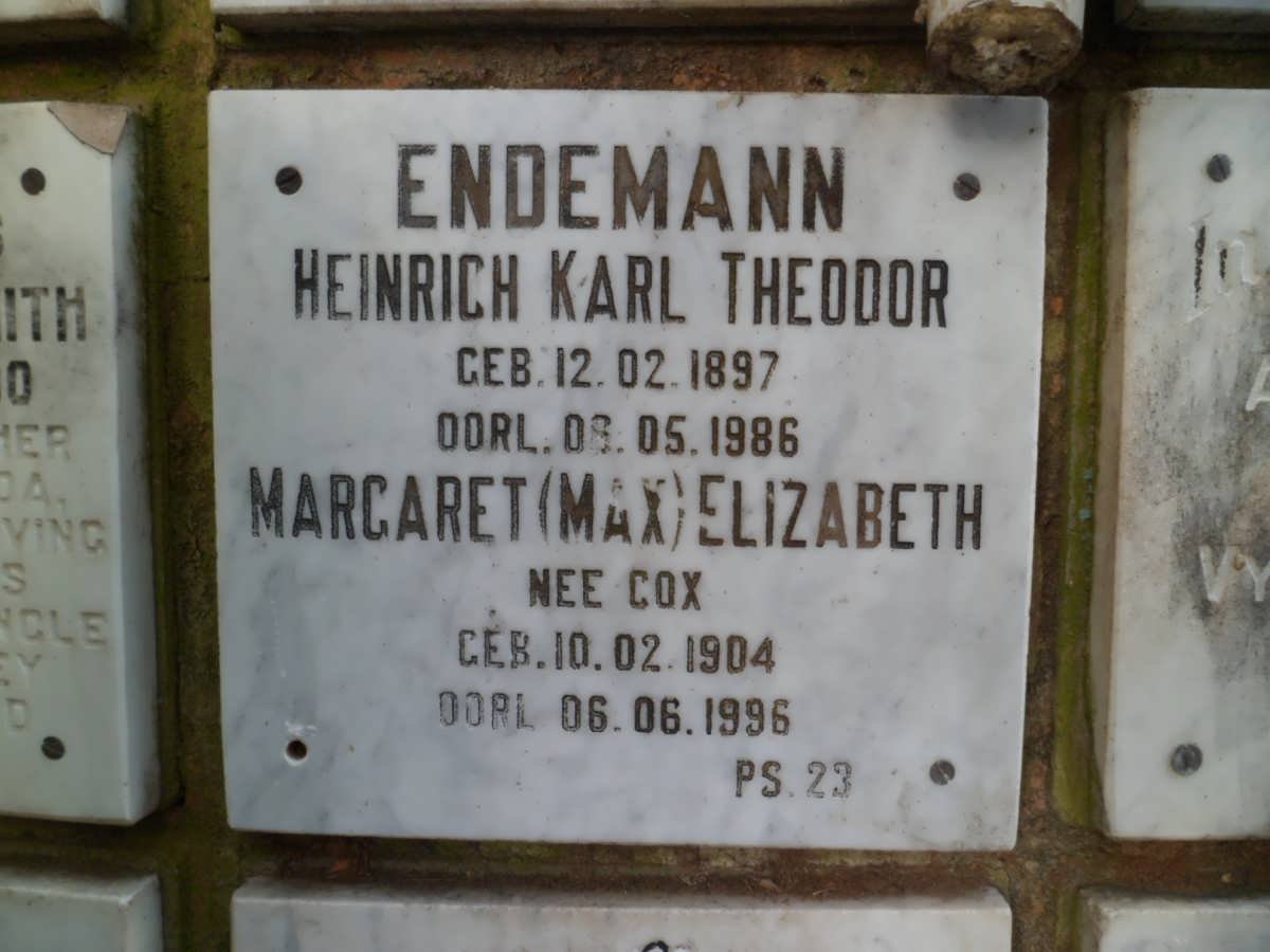 ENDEMANN Heinrich Karl Theodor 1897-1986 &amp; Margaret Elizabeth COX 1904-1996