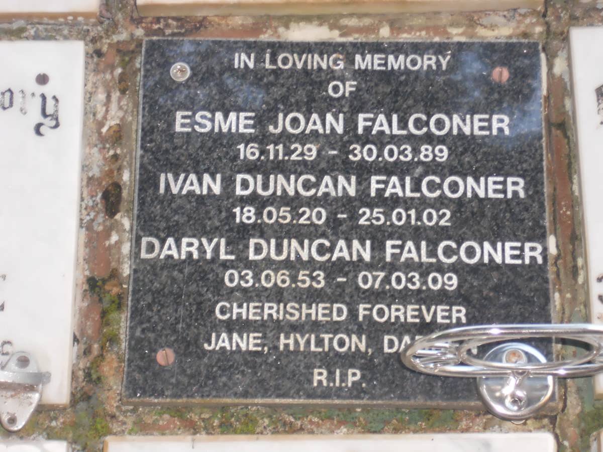 FALCONER Ivan Duncan 1920-2002 &amp; Esme Joan 1929-1989::FALCONER Daryl Duncan 1953-2009