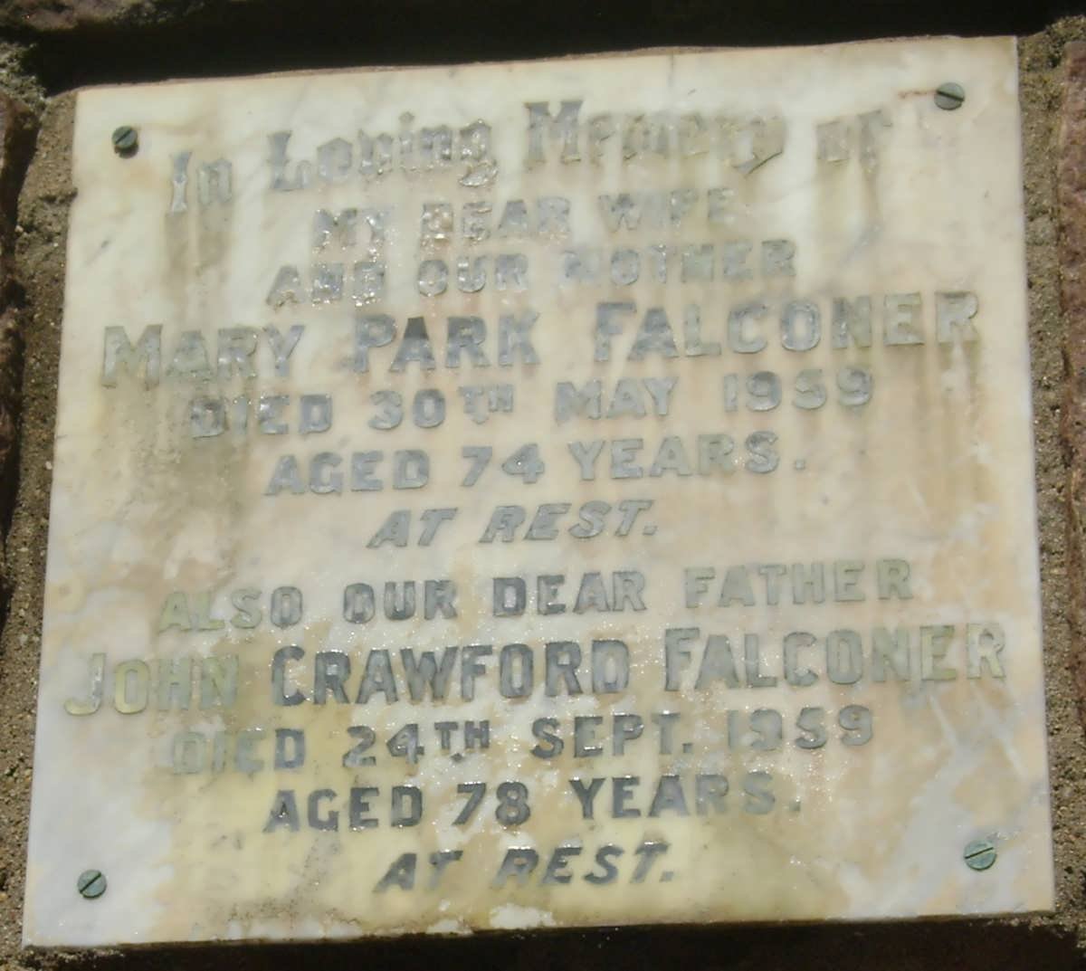 FALCONER John Crawford -1959 &amp; Mary Park -1959 