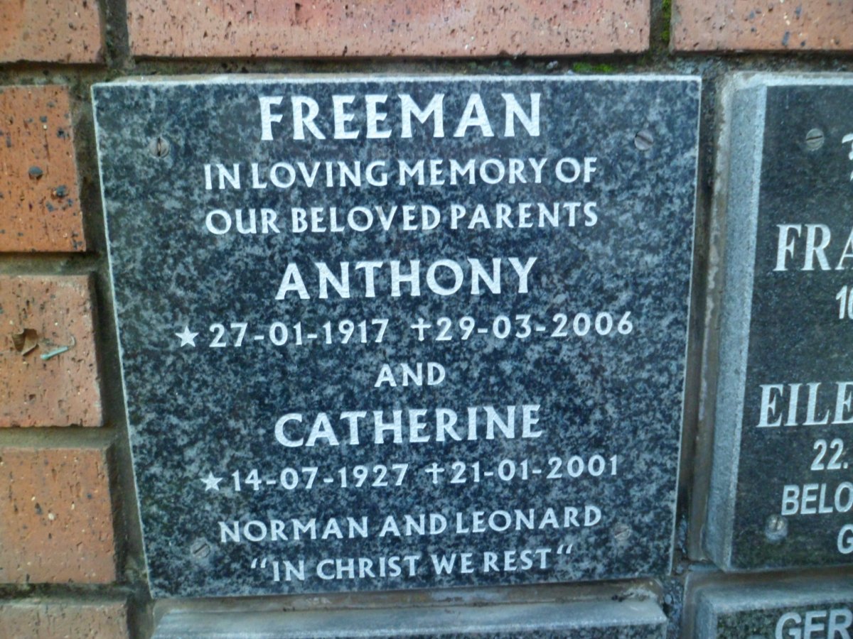 FREEMAN Anthony 1917-2006 &amp; Catherine 1927-2001