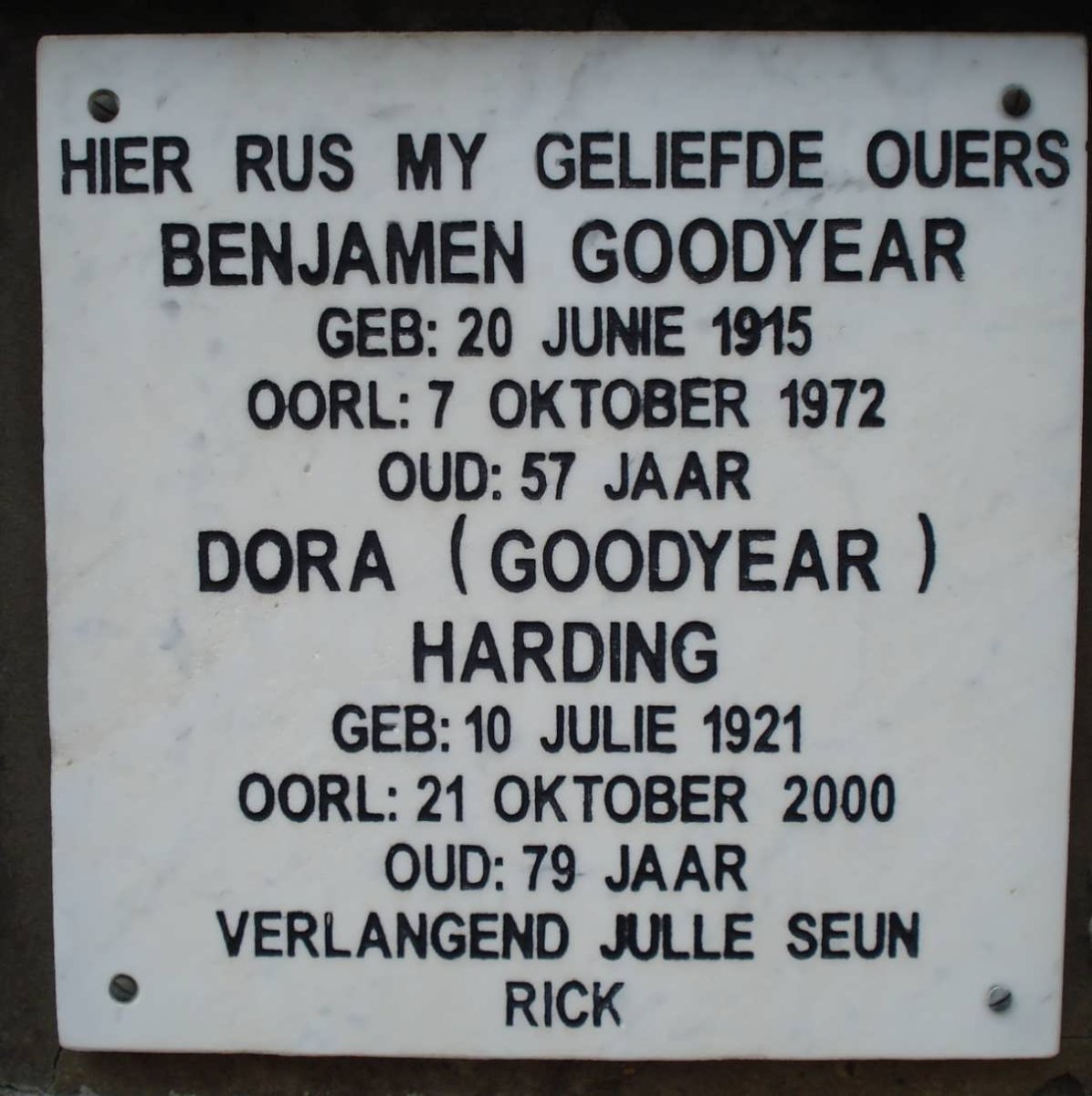 GOODYEAR Benjamen 1915-1972 &amp; Dora HARDING 1921-2000