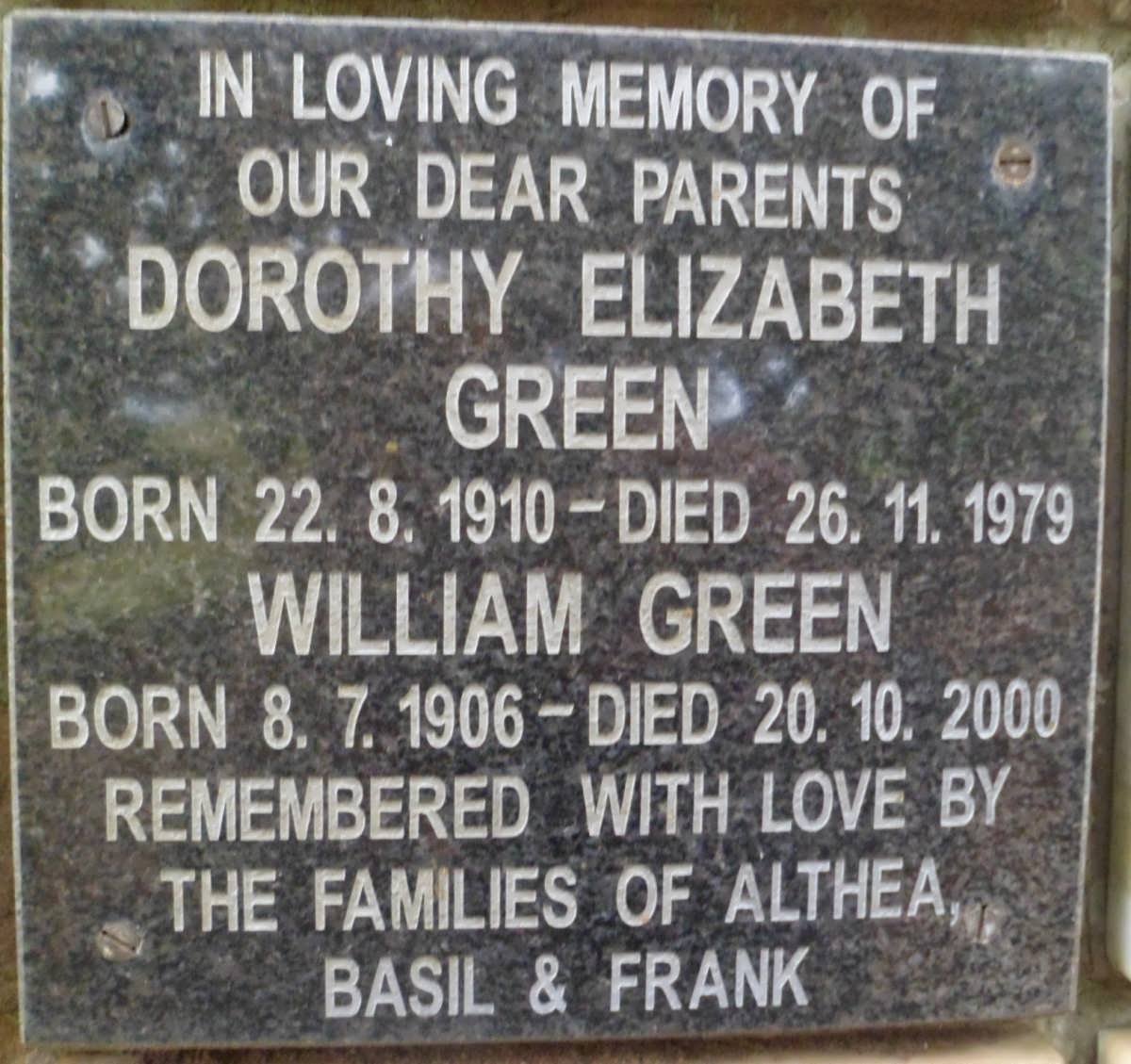 GREEN William 1906-2000 &amp; Dorothy Elizabeth 1910-1979
