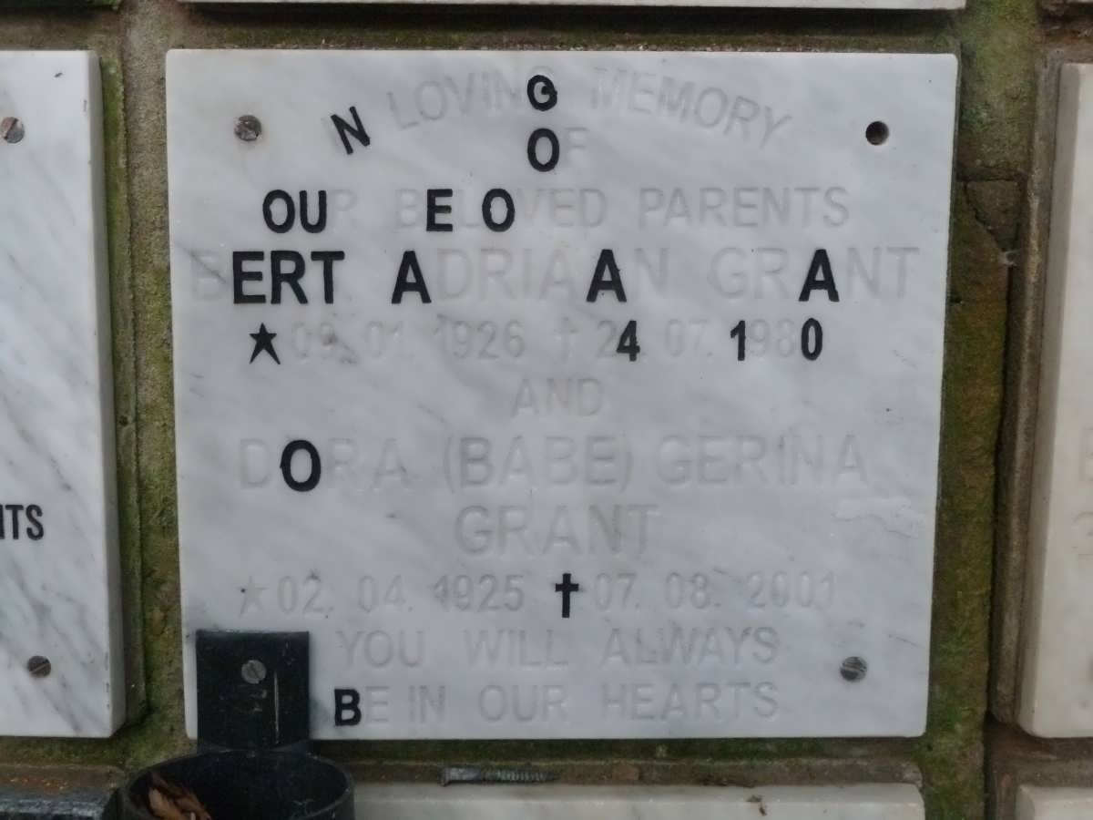 GRANT Bert Adriaan 1926-1980 &amp; Dora Gerina 1925-2001