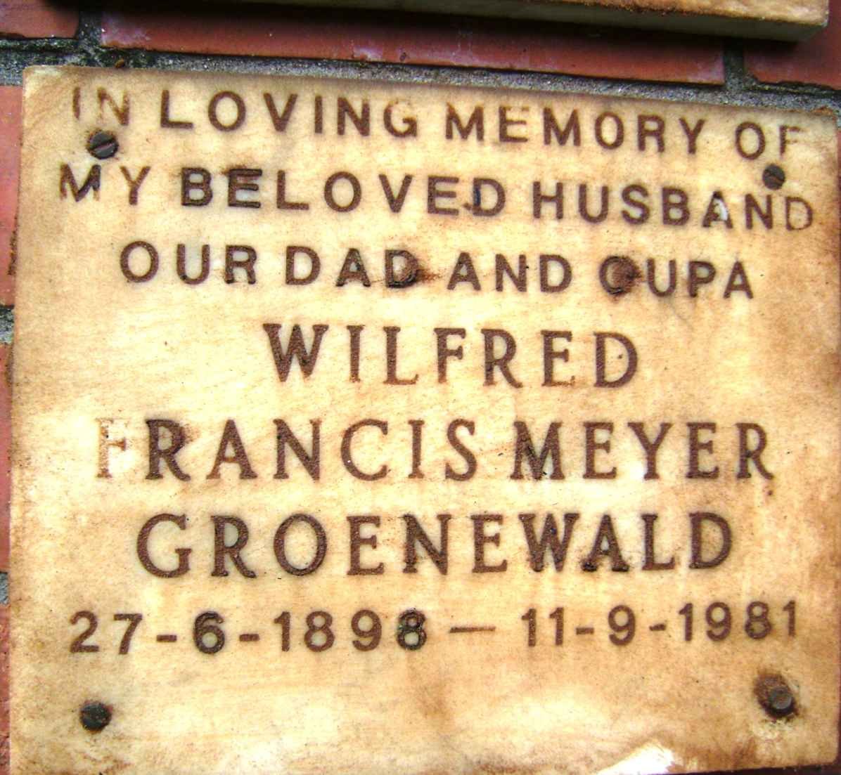 GROENEWALD Wilfred Francis Meyer 1898-1981