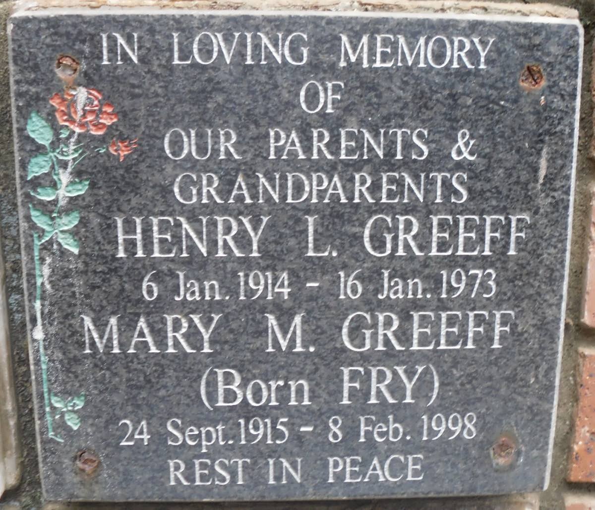 GREEFF Henry L. 1914-1973 &amp; Mary M. FRY 1915-1998