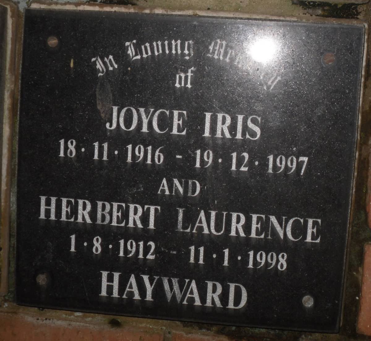 HAYWARD Herbert Laurence 1912-1998 &amp; Joyce Iris 1916-1997