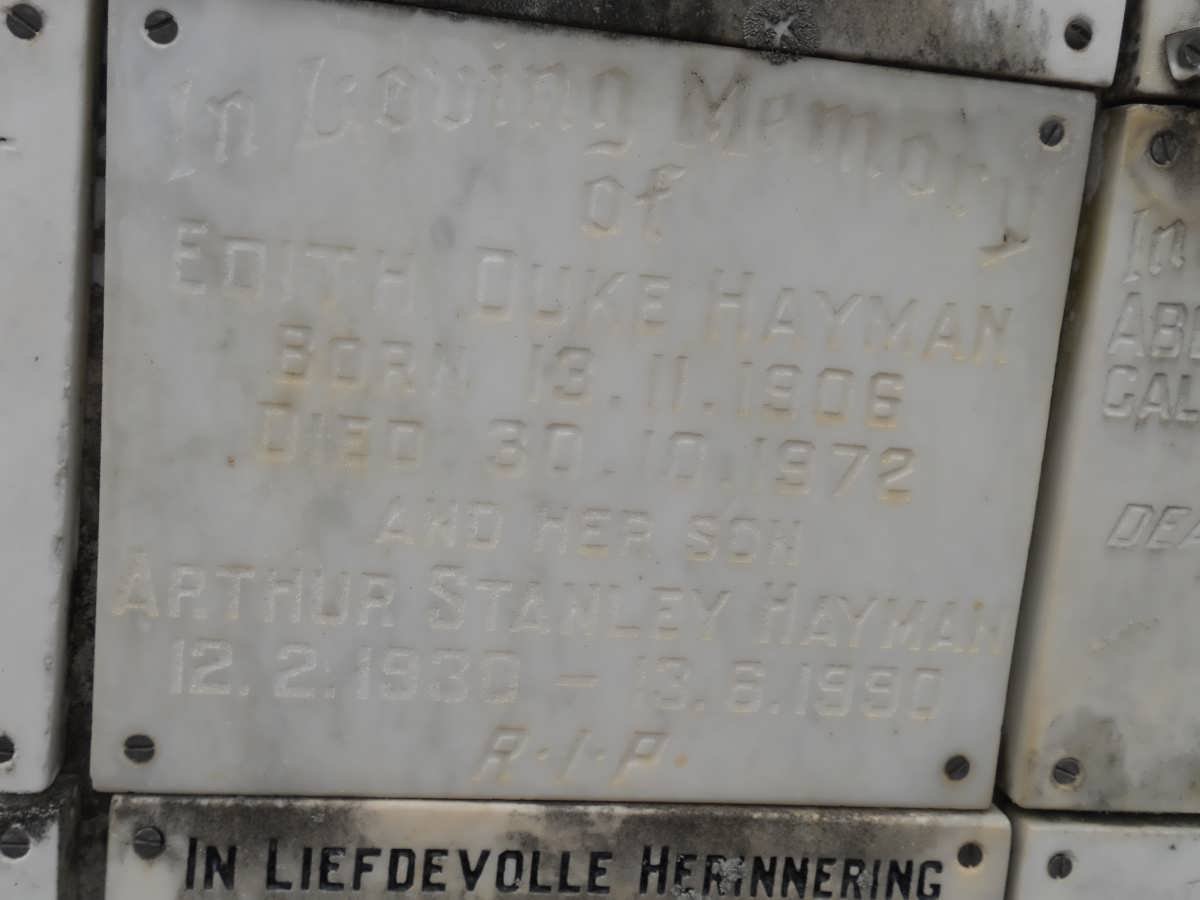 HAYMAN Edith Duke 1906-1972 :: HAYMAN Arthur Stanley 1930-1990