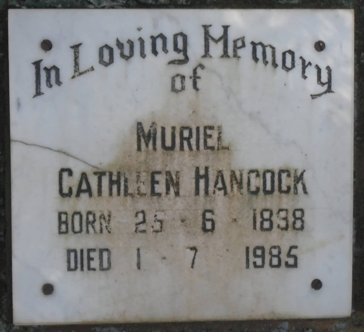 HANCOCK Muriel Cathleen 1898-1985