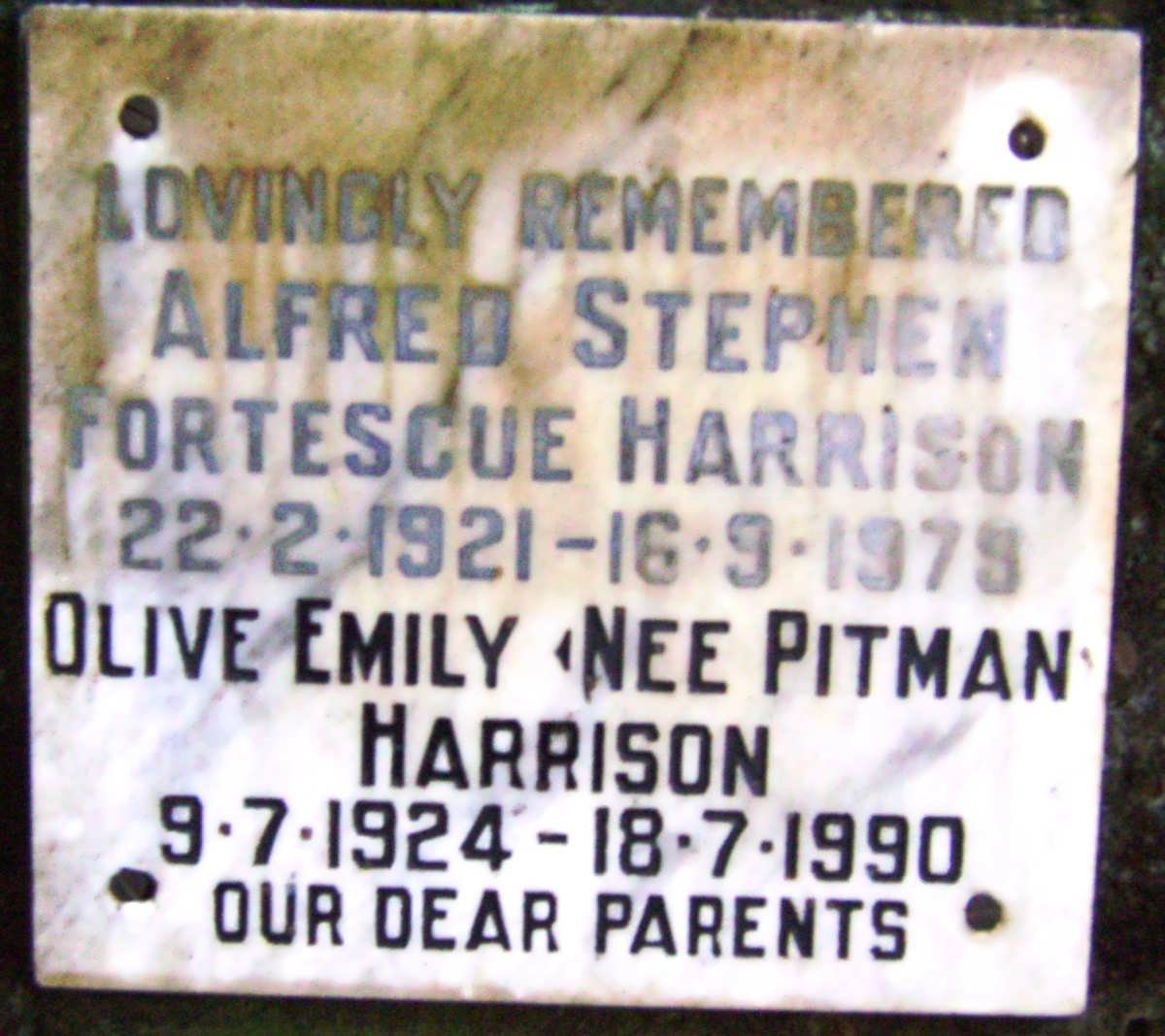 HARRISON Alfred Stephen Fortescue 1921-1979 &amp; Olive Emily PITMAN 1924-1990
