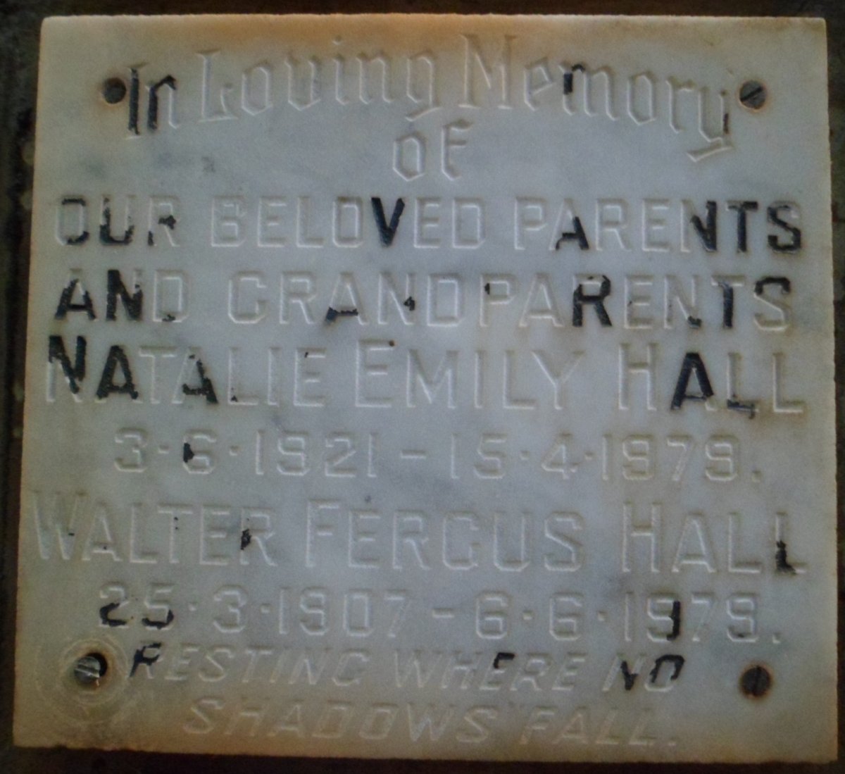 HALL Walter Fergus 1907-1979 &amp; Natalie Emily 1921-1979