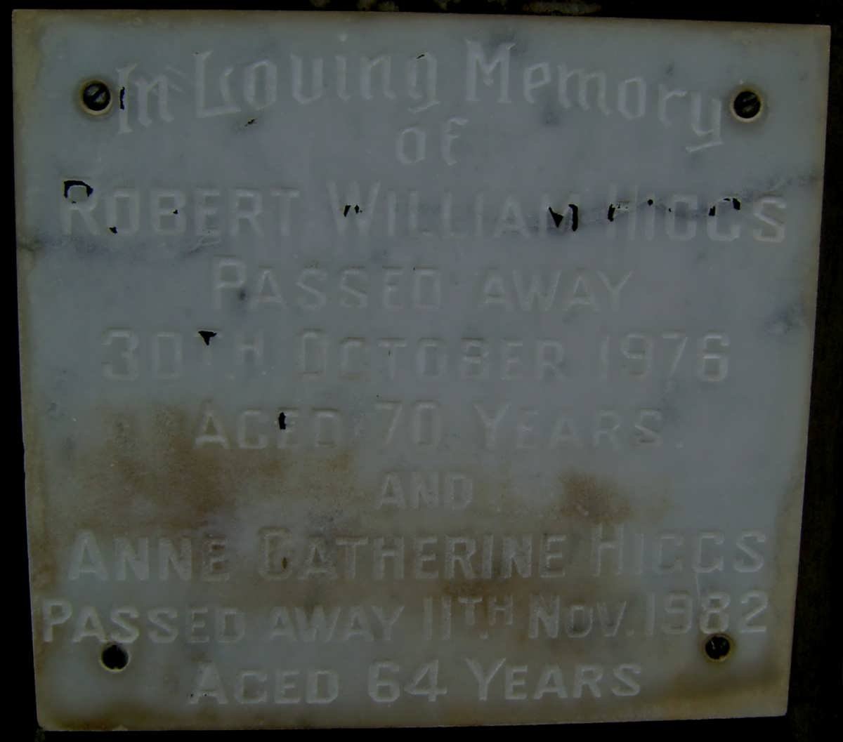 HIGGS Robert William -1976 &amp; Anne Catherine -1982