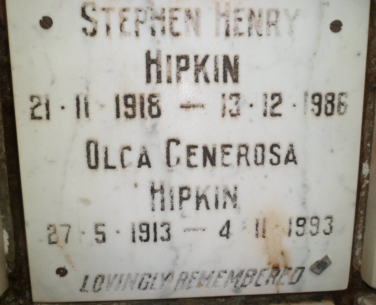 HIPKIN Stephen Henry 1918-1986 &amp; Olga Generosa 1913-1993