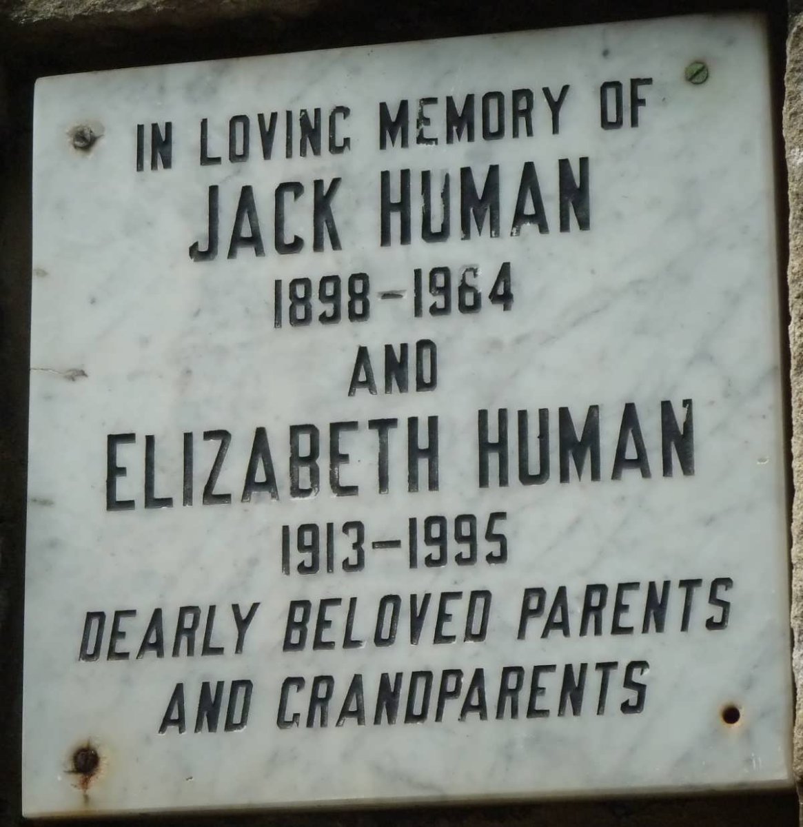 HUMAN Jack 1898-1964 &amp; Elizabeth 1913-1995