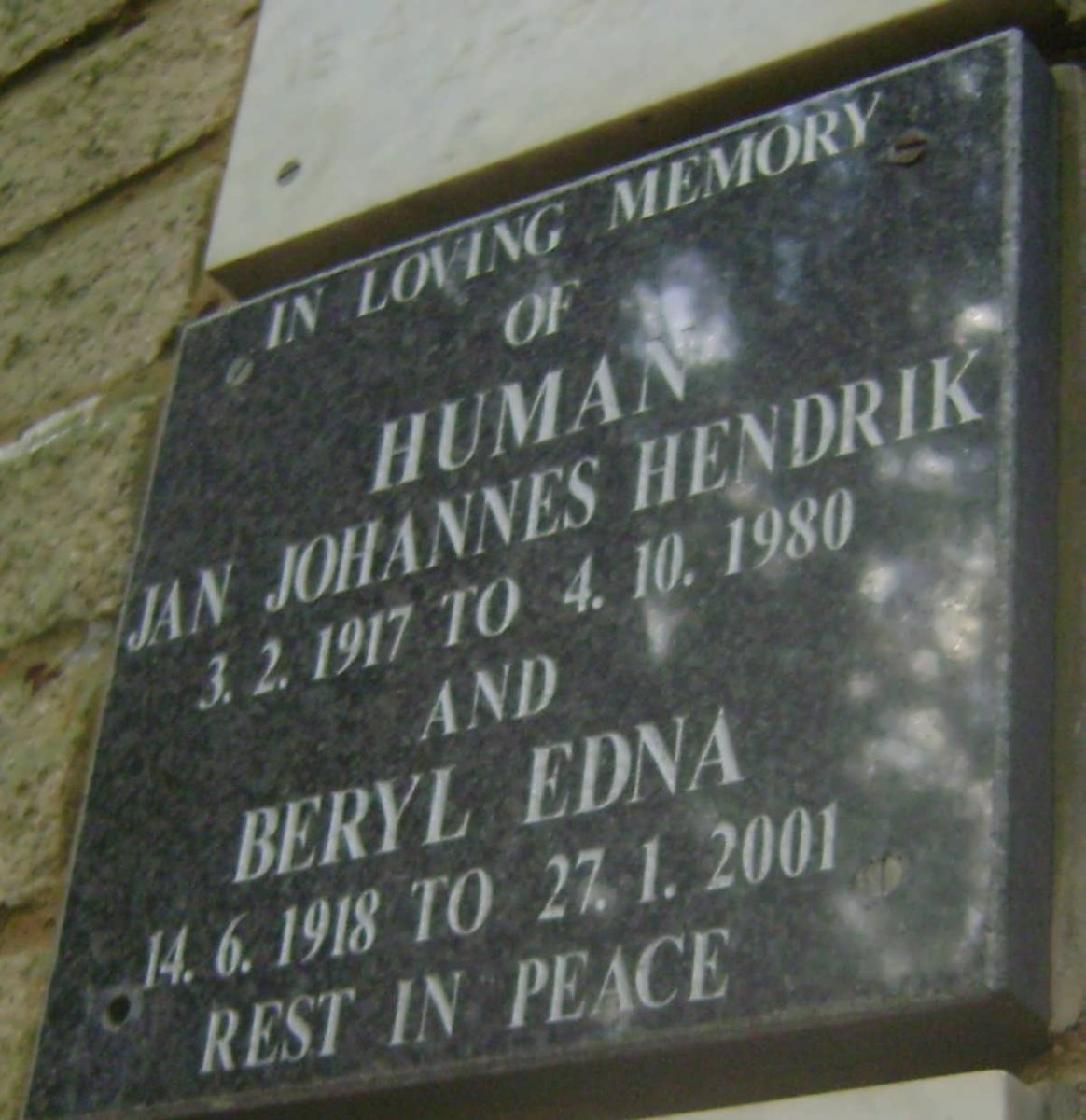 HUMAN Jan Johannes Hendrik 1917-1980 &amp; Beryl Edna 1918-2001