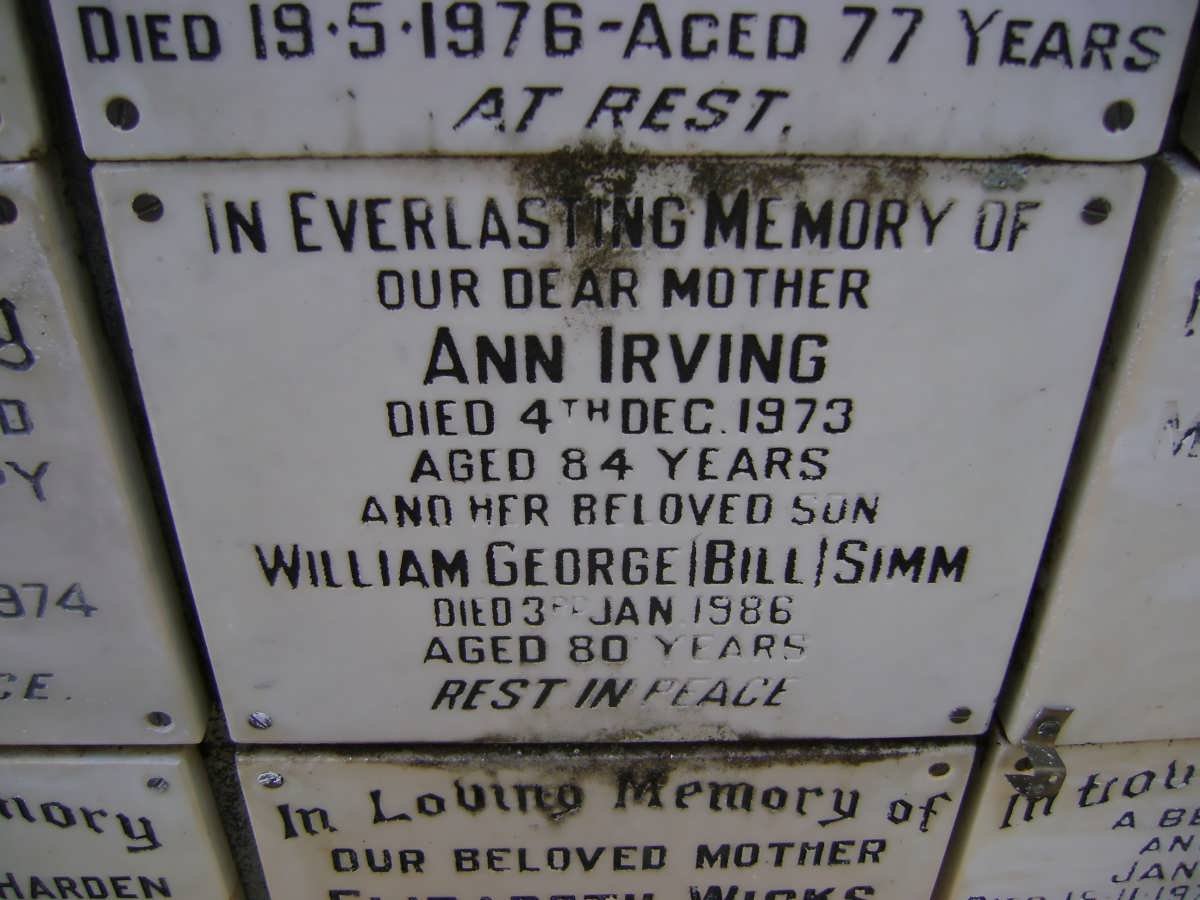 IRVING Ann -1973 :: SIMM William George -1986