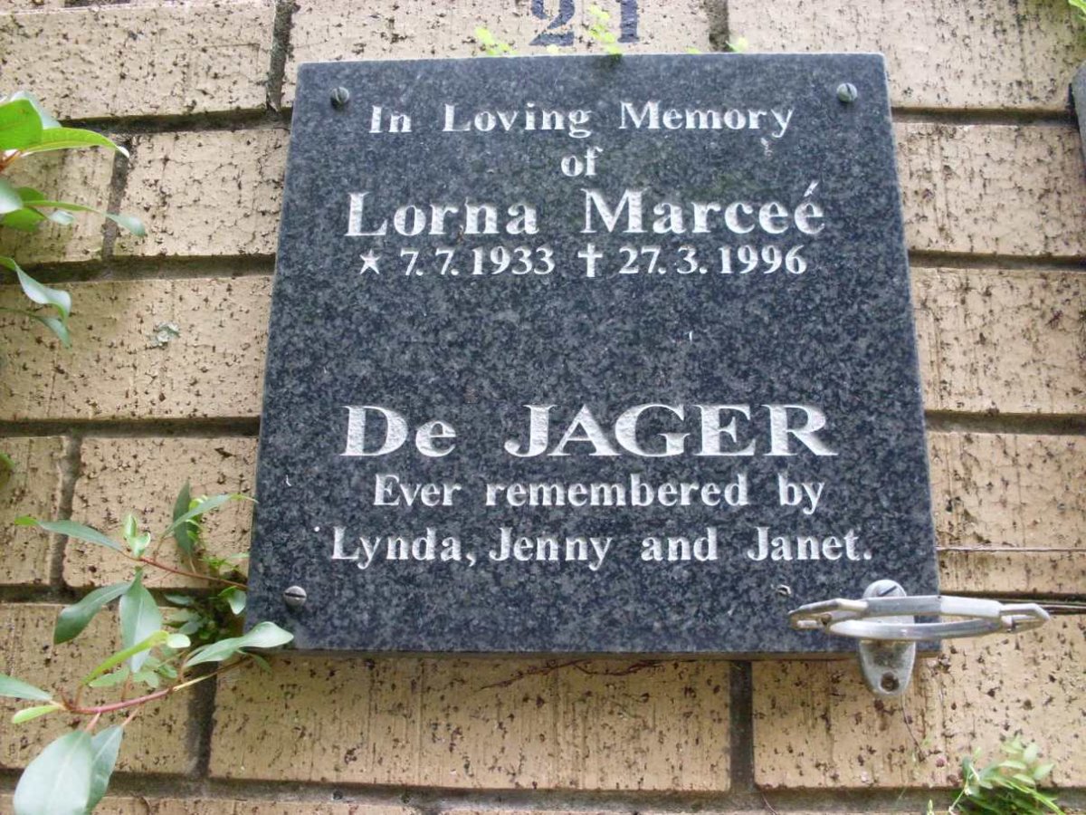 JAGER Lorna Marcee, De 1933-1996