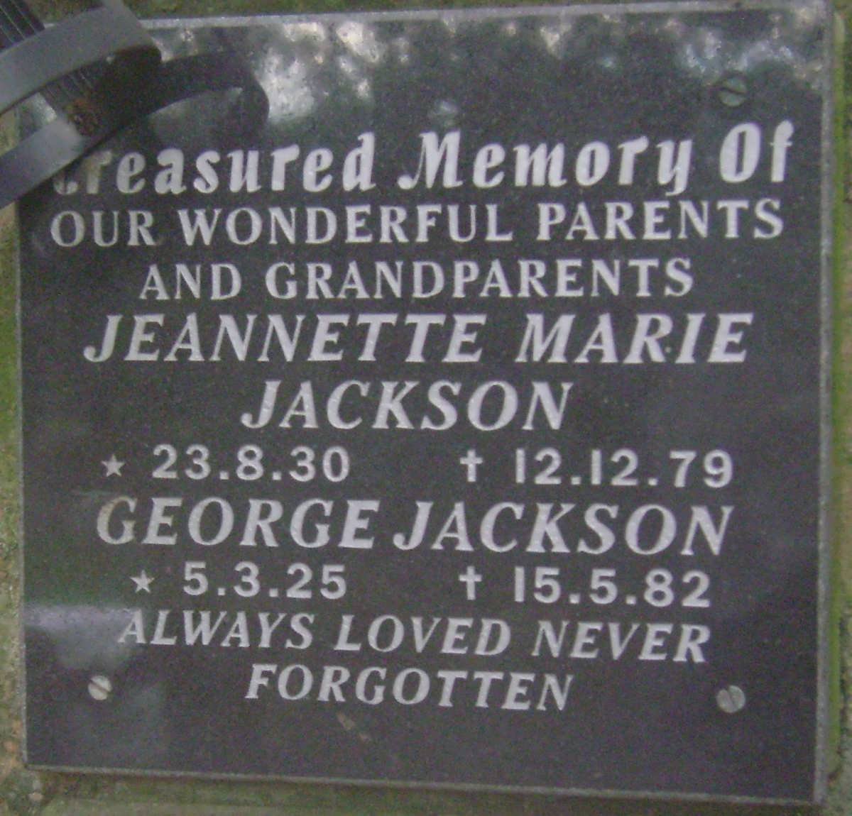 JACKSON George 1925-1982 &amp; Jeannette Marie 1930-1979