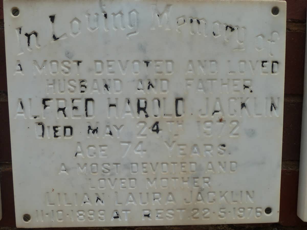JACKLIN Alfred Harold -1972 &amp; Lilian Laura 1899-1976