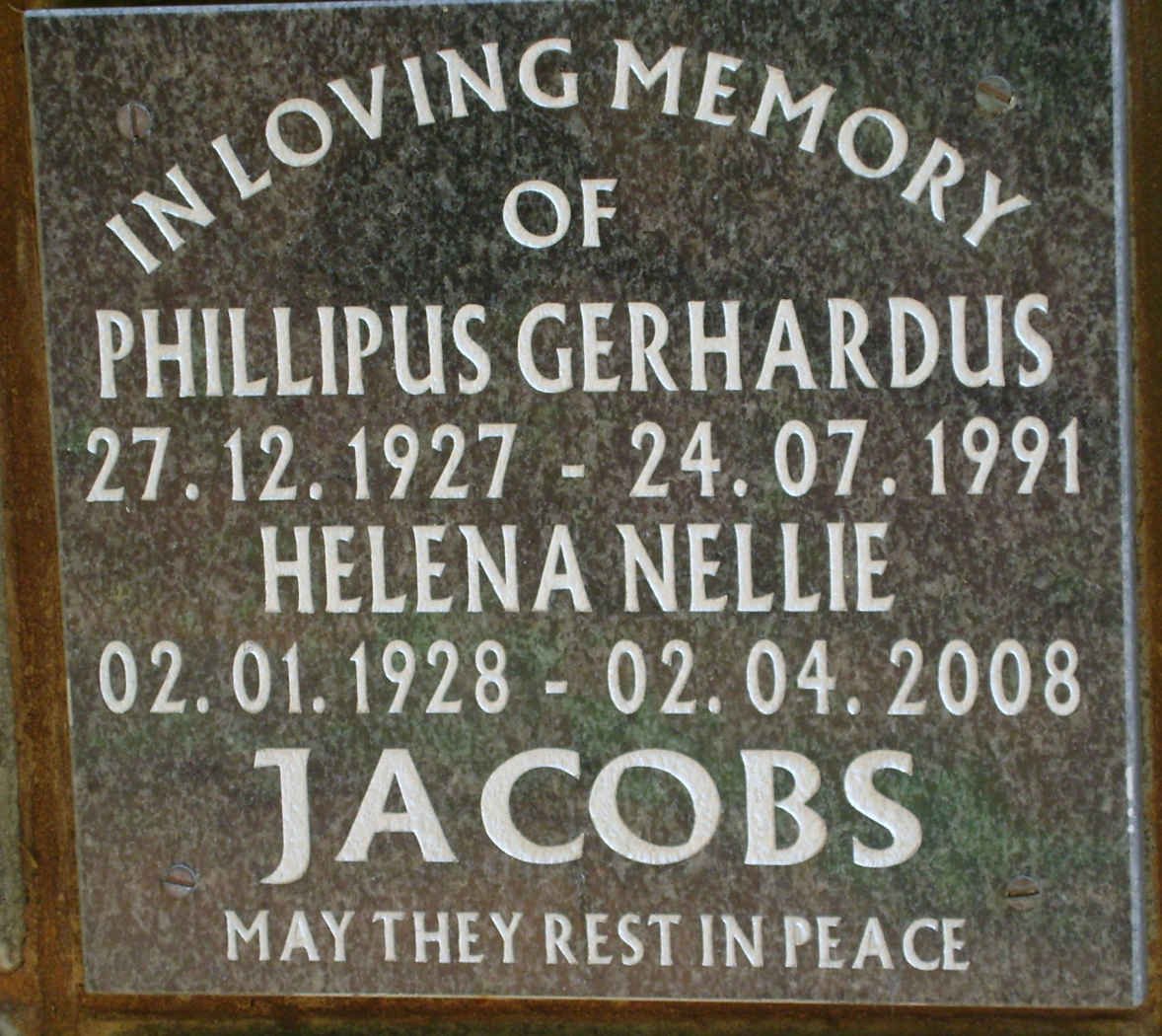 JACOBS Phillipus Gerhardus 1927-1991 &amp; Helena Nellie 1928-2008
