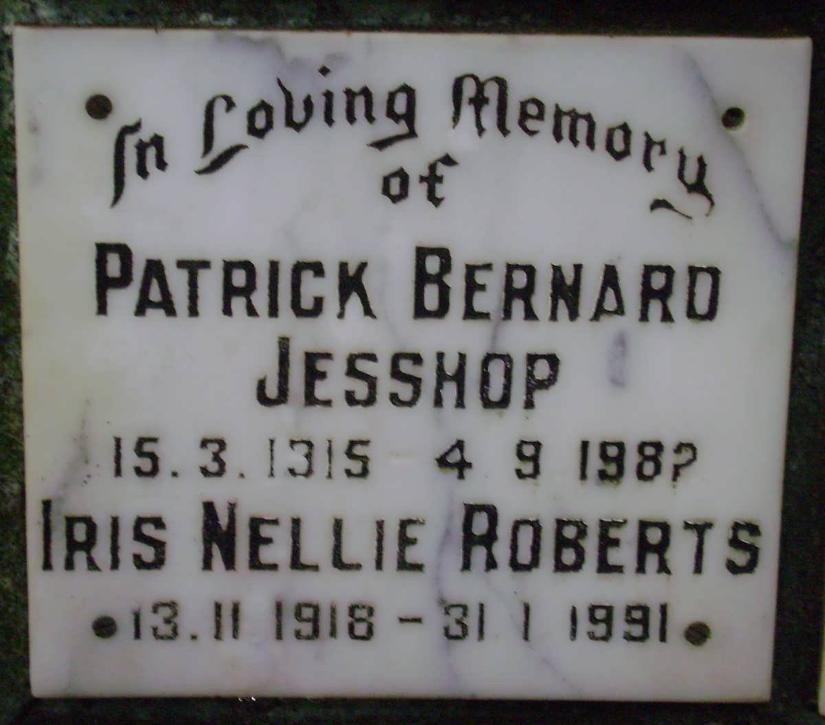 JESSHOP Patrick Bernard 1915-1982 &amp; Iris Nellie ROBERTS 1918-1991