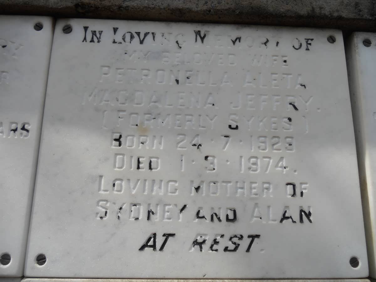 JEFFRY Petronella Aleta Magdalena formerly SYKES 1929-1974