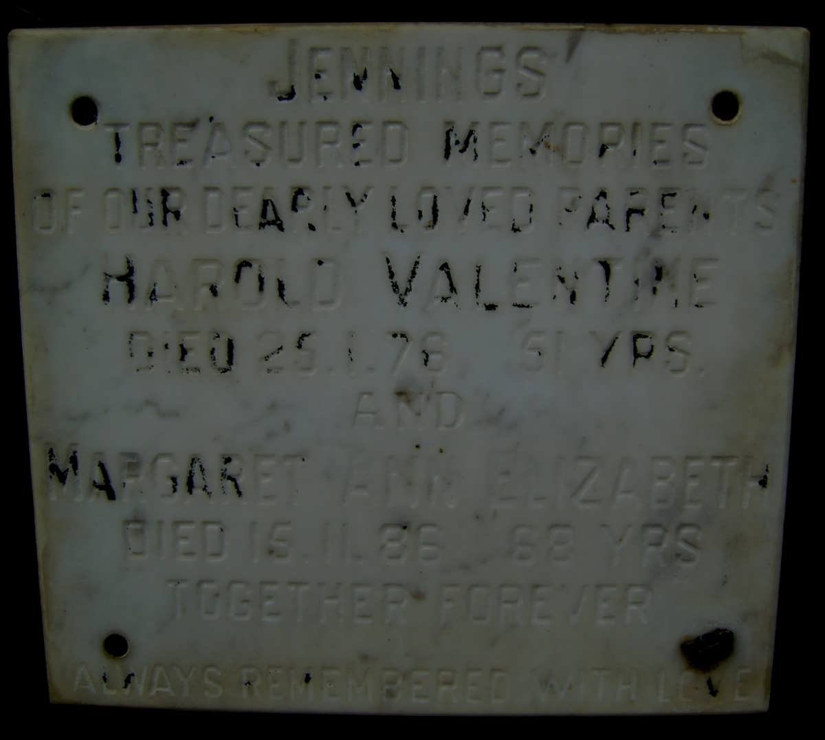 JENNINGS Harold Valentine -1976 &amp; Margaret Ann Elizabeth -1986