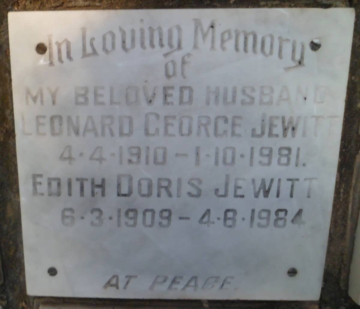 JEWITT Leonard George 1910-1981 &amp; Edith Doris 1909-1984