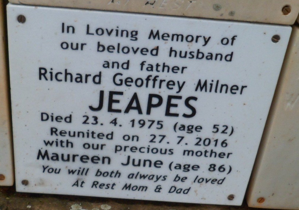 JEAPES Richard Geoffrey Milner -1975 &amp; Maureen June -2016