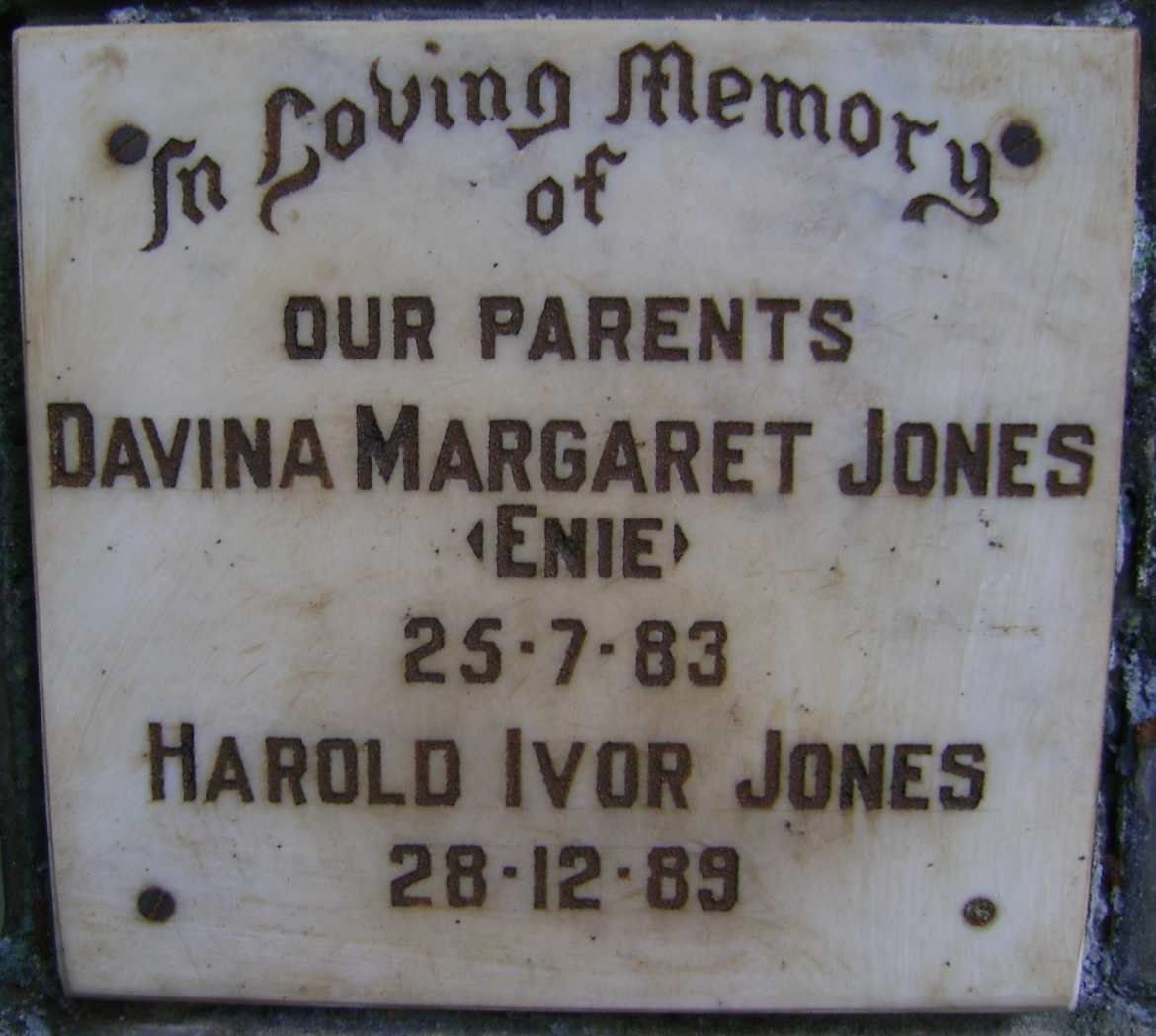 JONES Harold Ivor -1989 &amp; Davina Margaret -1983