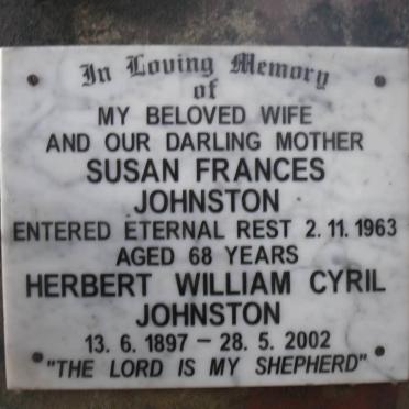 JOHNSTON Herbert William Cyril 1897-2002 &amp; Susan Frances -1963