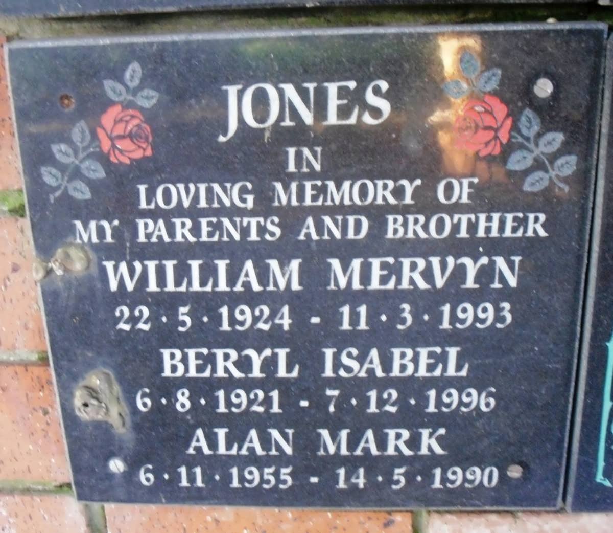 JONES William Mervyn 1924-1993 &amp; Beryl Isabel 1921-1996 :: JONES Alan Mark 1955-1990