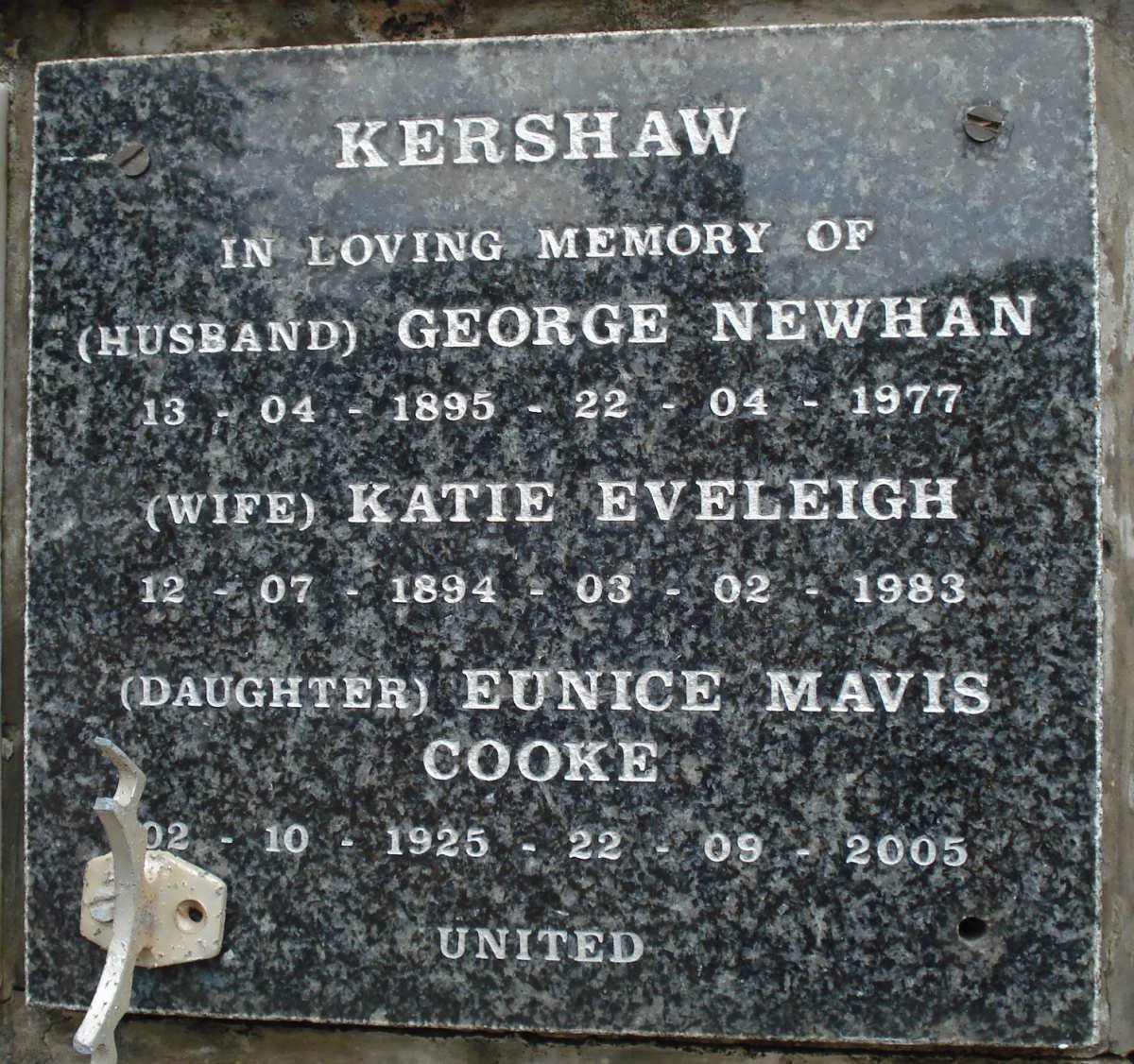KERSHAW George Newhan 1895-1977 &amp; Katie Eveleigh 1894-1983 :: COOKE Eunice Mavis 1925-2005