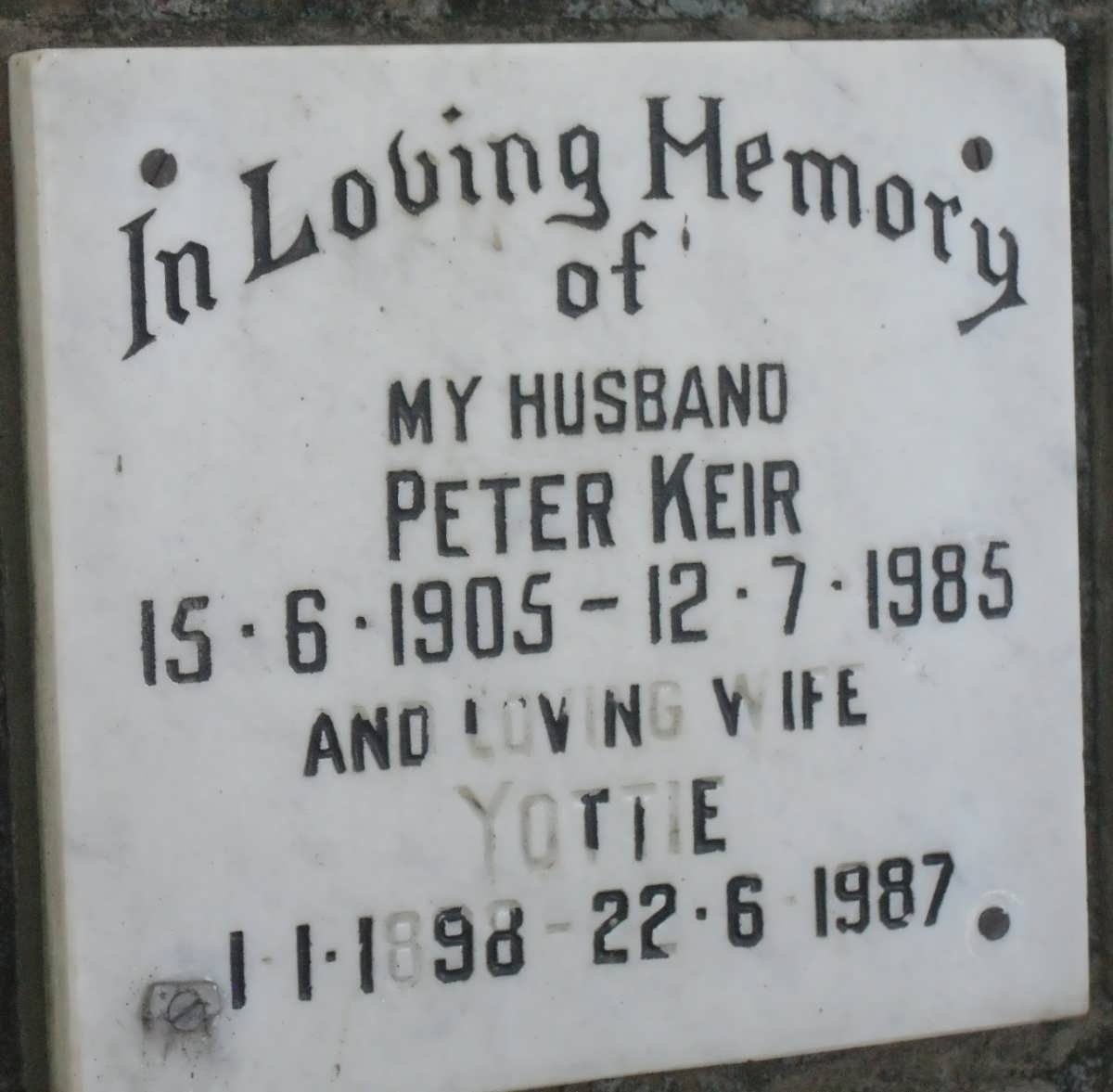 KEIR Peter 1905-1985 &amp; Yottie 1898-1987