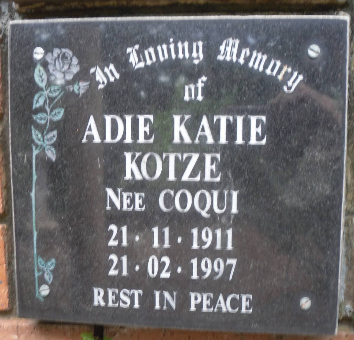 KOTZE Adie Katie nee COQUI 1911-1997