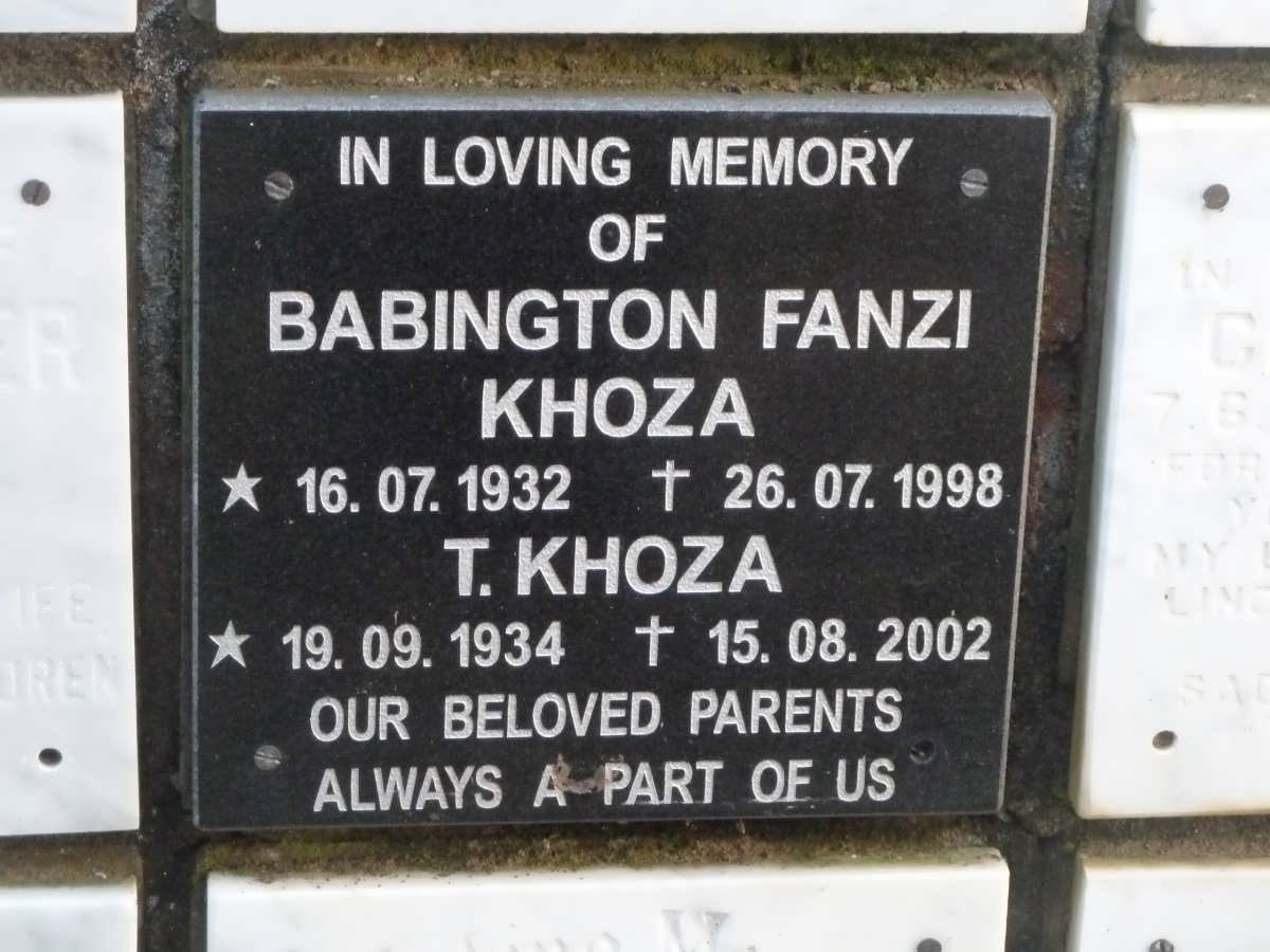 KHOZA Babington Fanzi 1932-1998 &amp; T. 1934-2002