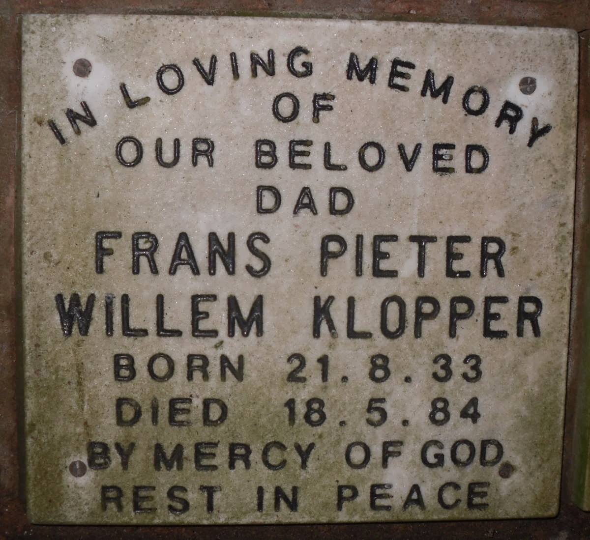 KLOPPER Frans Pieter Willem 1933-1984
