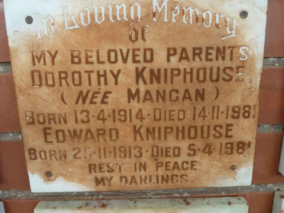 KNIPHOUSE Edward 1913-1981 &amp; Dorothy MANGAN 1914-1981
