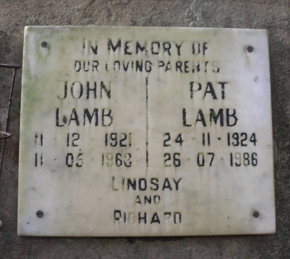 LAMB John 1921-1963 &amp; Pat 1924-1986