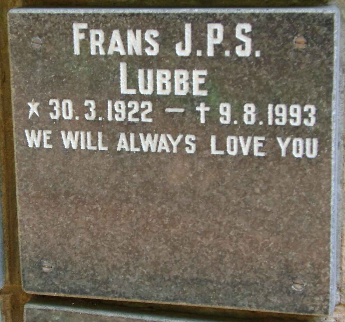 LUBBE Frans J.P.S. 1922-1993