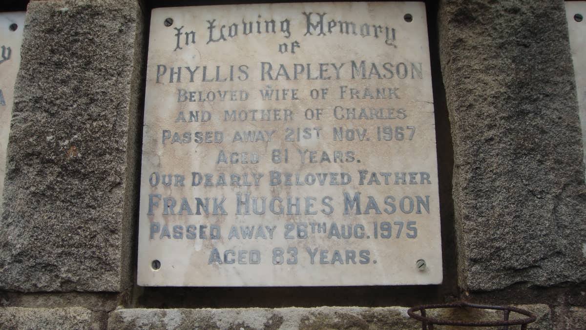 MASON Frank Hughes -1975 &amp; Phyllis Rapley -1967
