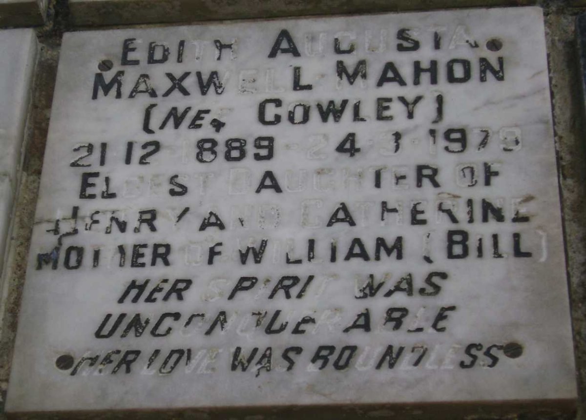 MAHON Edith Augusta Maxwell nee COWLEY 1889-1979