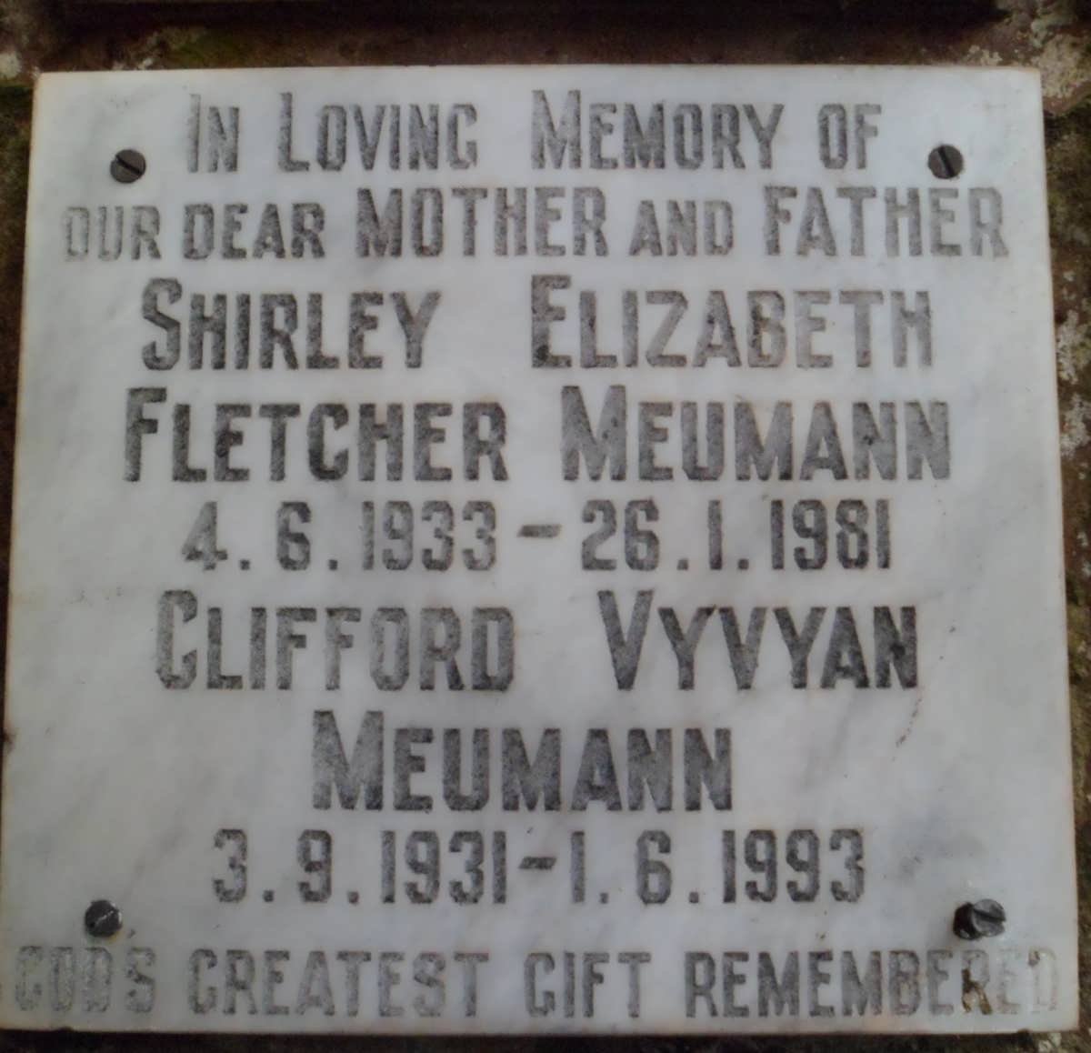 MEUMANN Clifford Vyvyan 1931-1993 &amp; Shirley Elizabeth Fletcher 1933-1981