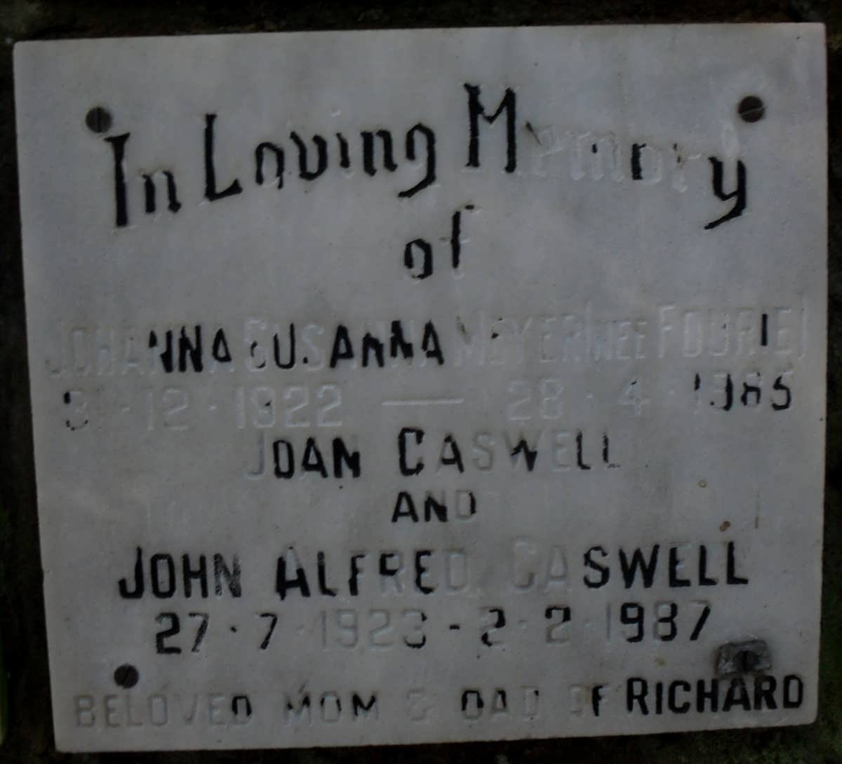 MEYER Johanna Susanna nee FOURIE 1922-1985 :: CASWELL John Alfred 1923-1987 &amp; Joan