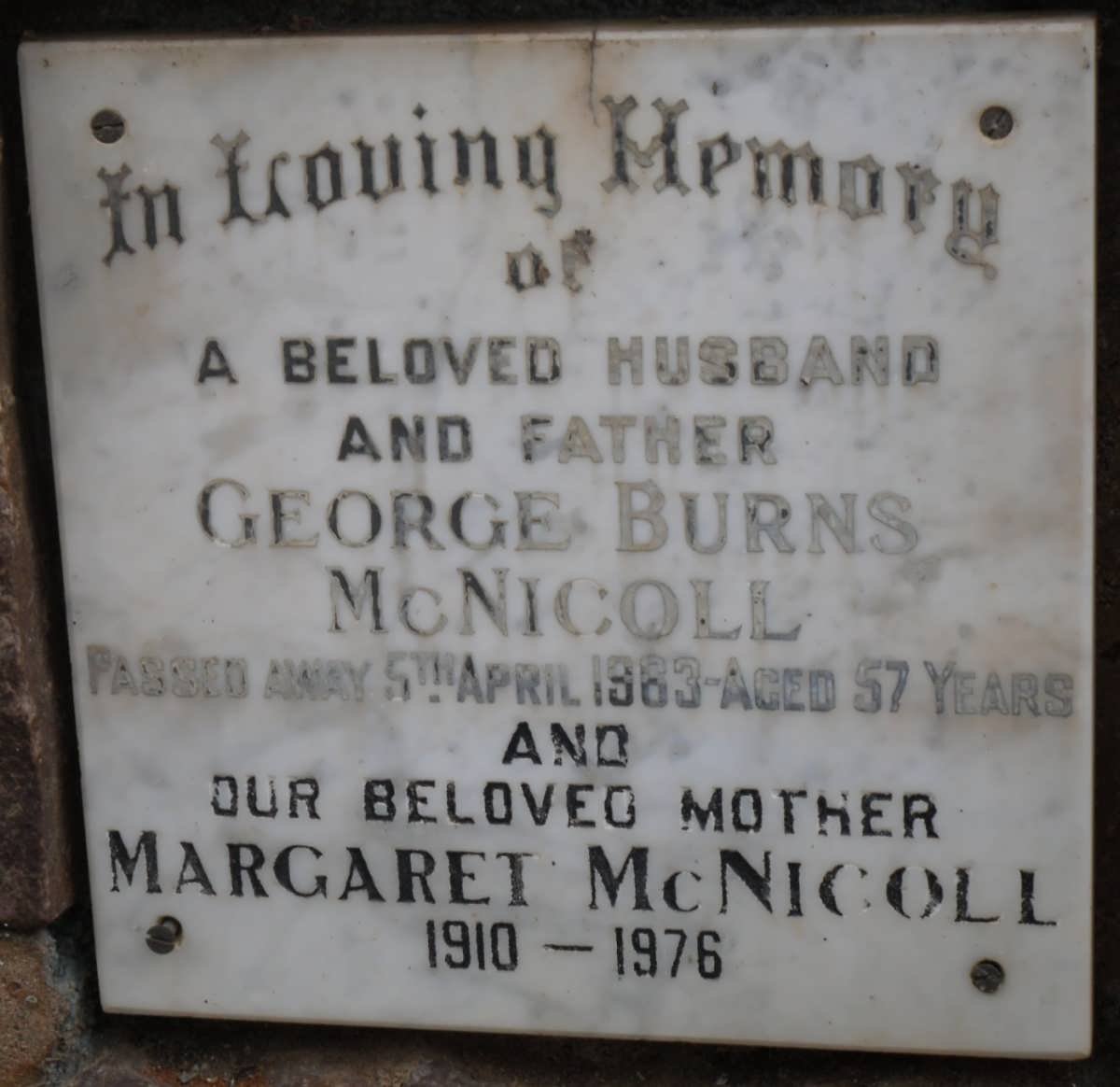 McNICOLL George Burns -1963 &amp; Margaret 1910-1976