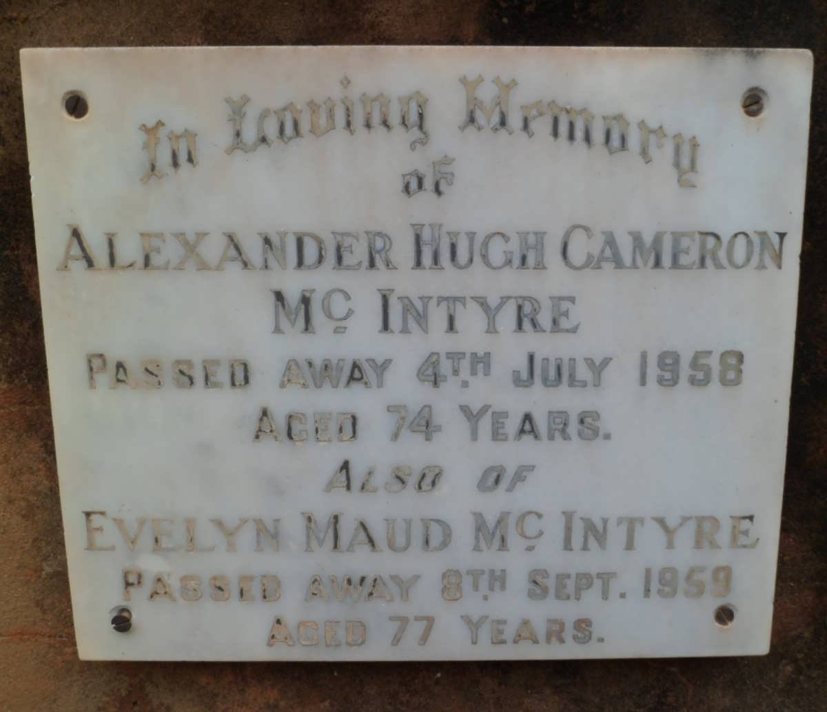 Mc INTYRE Alexander Hugh Cameron -1958 &amp; Evelyn Maud -1959