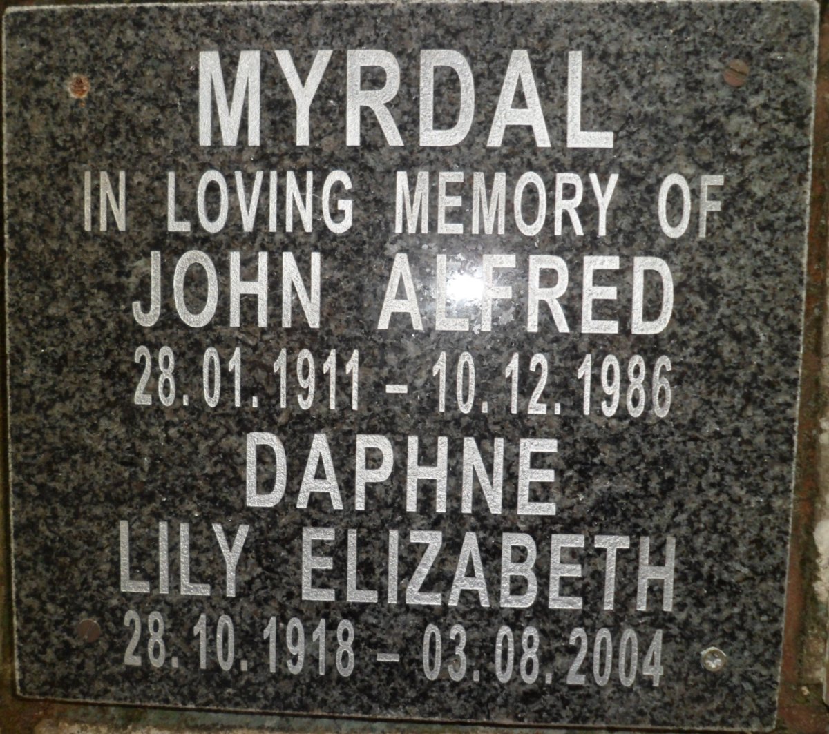 MYRDAL John Alfred 1911-1986 &amp; Daphne Lily Elizabeth 1918-2004