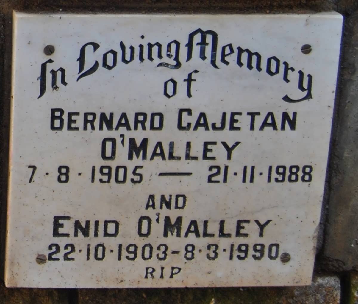 O'MALLEY Bernard Cajetan 1905-1988 &amp; Enid 1903-1990