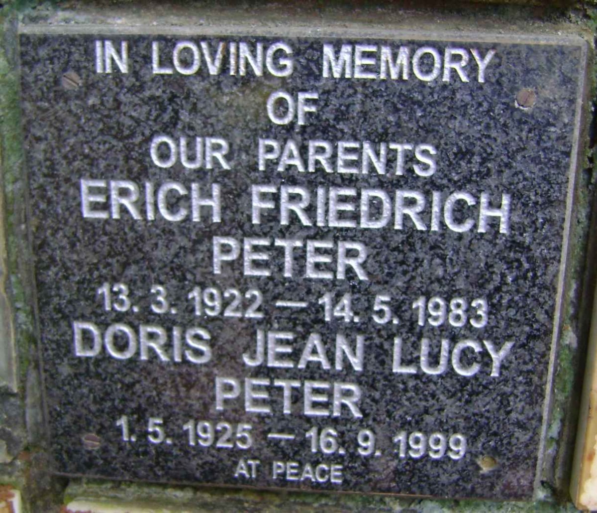 PETER Erich Friedrich 1922-1983 &amp; Doris Jean Lucy 1925-1999