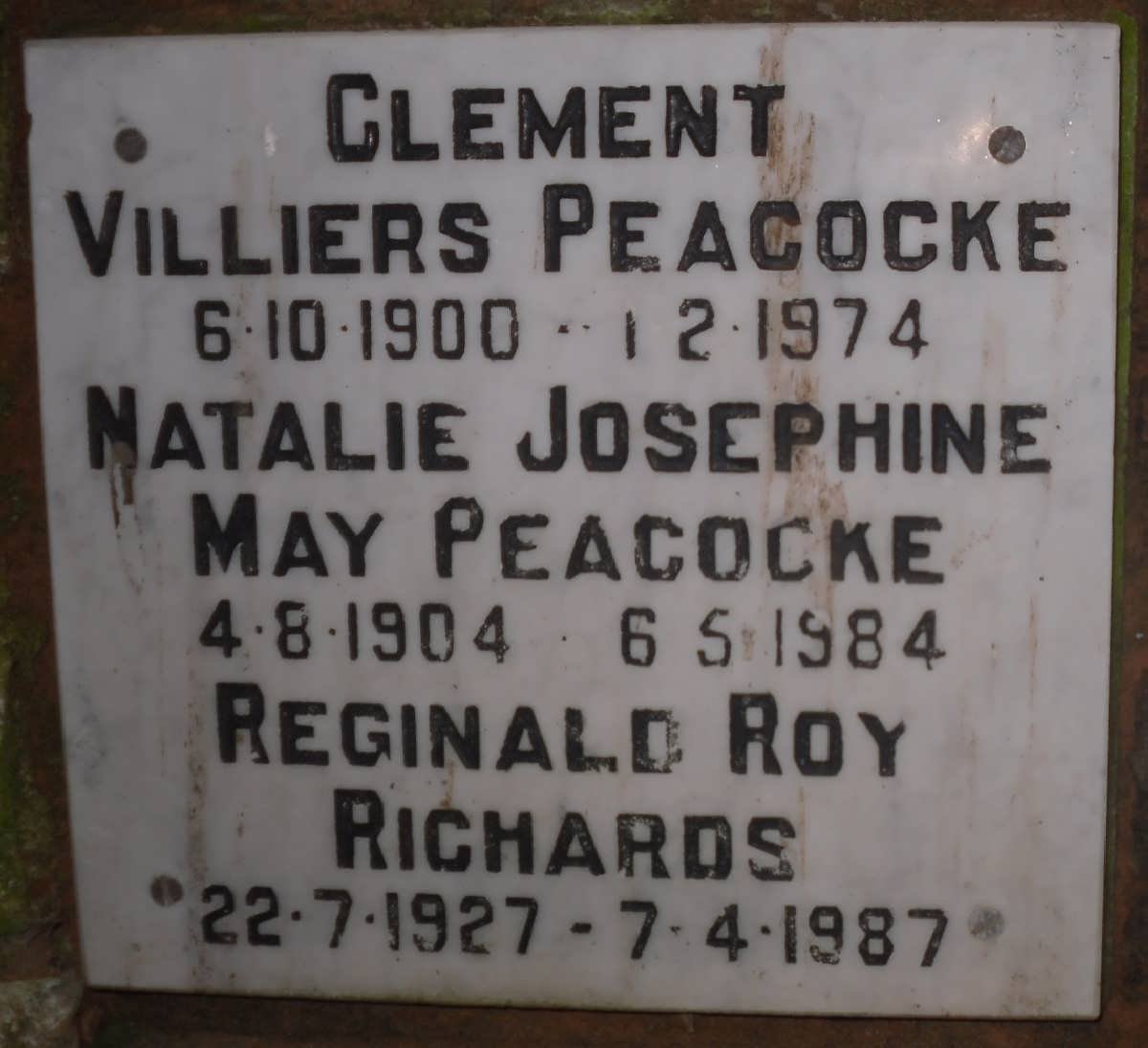 PEACOCKE Clement Villiers 1900-1974 &amp; Natalie Josephine May 1904-1984 :: RICHARDS Reginald Roy 1927-1987