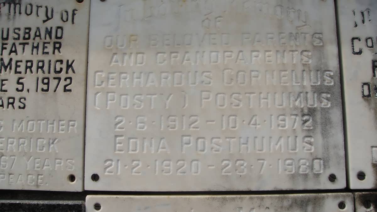 POSTHUMUS Gerhardus Cornelius 1912-1972 &amp; Edna 1920-1980
